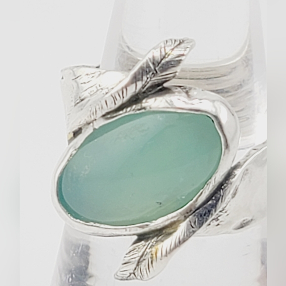 PREHNITE W/ ENGRAVED LEAFS RING HANDMADE IN STERLING SILVER METAL SIZE 6 - Picture 5 of 6